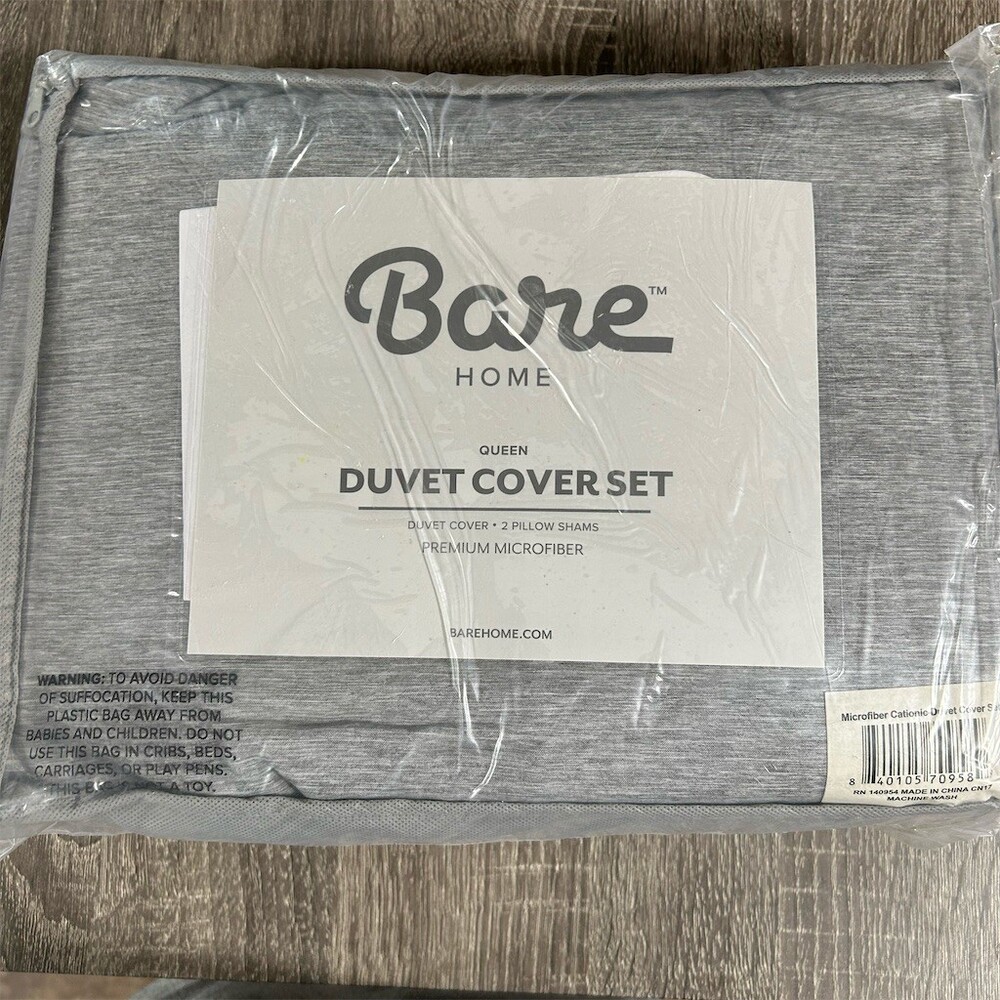 Bare Home Duvet Cover Set Queen Gray Heathered w/ 2 Pillow Shams